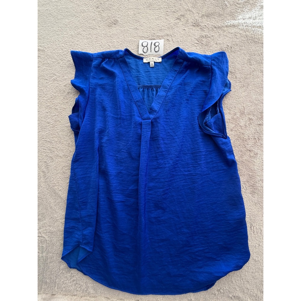 Chaus Flutter Sleeve Blouse Womens Small Royal Blue V-Neck Pleated Top